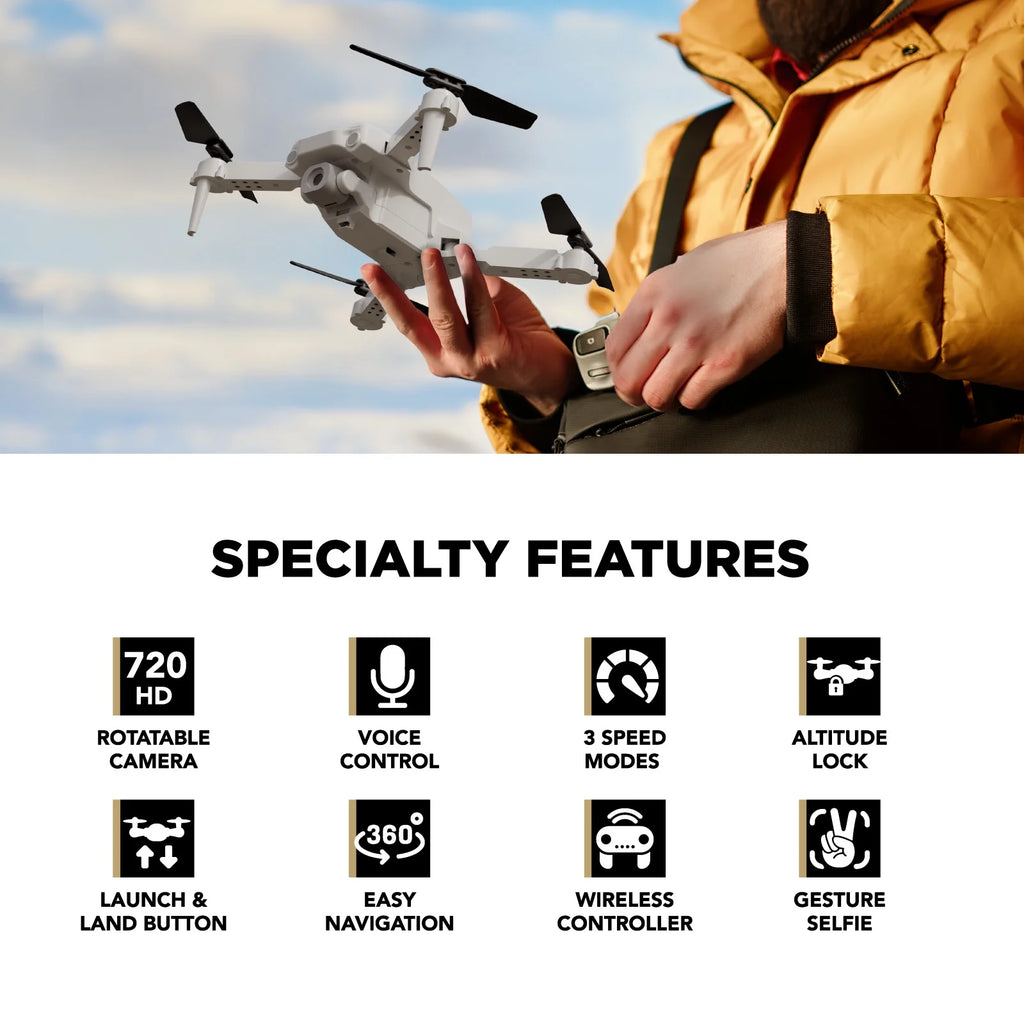 Skyhornet Foldable RC Drone with 720P HD Camera, Wifi FPV Live Video, 3 Speed Modes, Auto Takeoff & Landing, 11 Minutes Flight Time, Remote Control Quadcopter Toy for Kids & Beginners, White